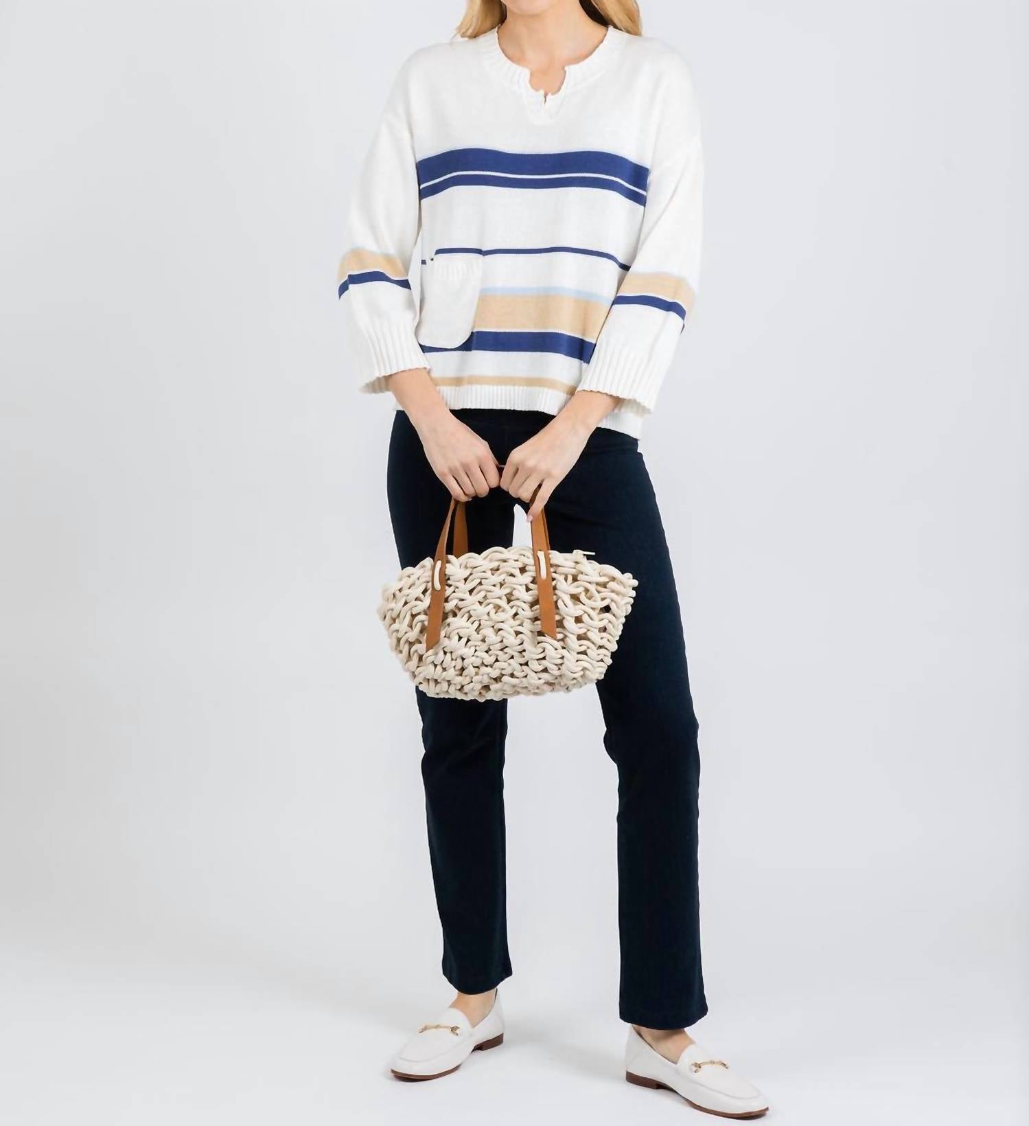 ZAKET & PLOVER Crop Stripe Sweater in white multi - women's long sleeve top - detail view