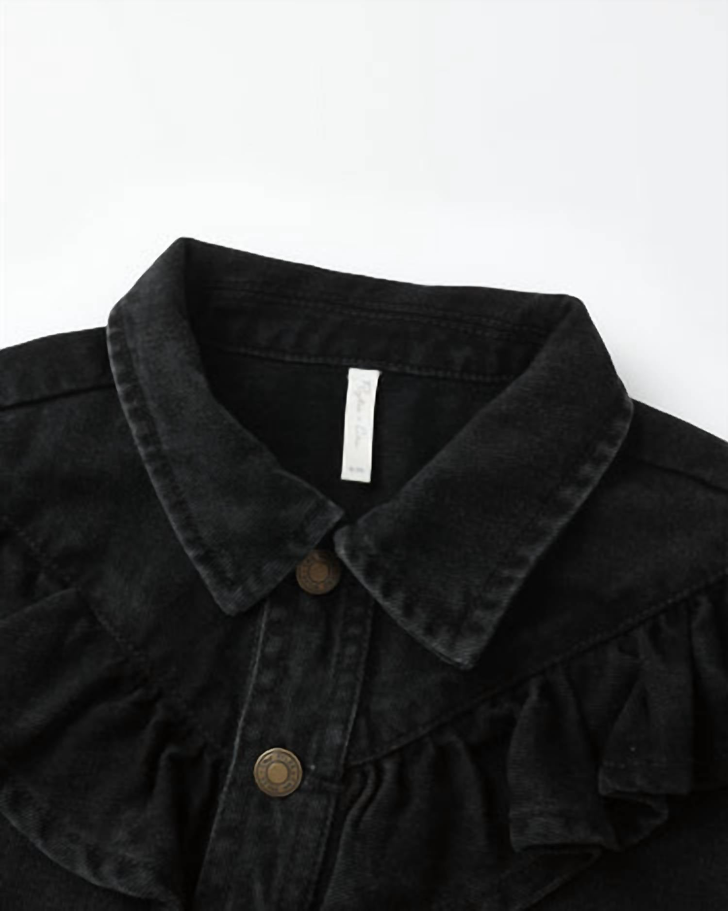 Rylee + Cru Girls' Ruffle Denim Jacket in washed black 1 - kids' jacket - alternate view