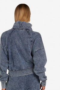 MICHAEL LAUREN Mortimer Raglan Half Zip Sweatshirt in faded denim - women's top - detail view