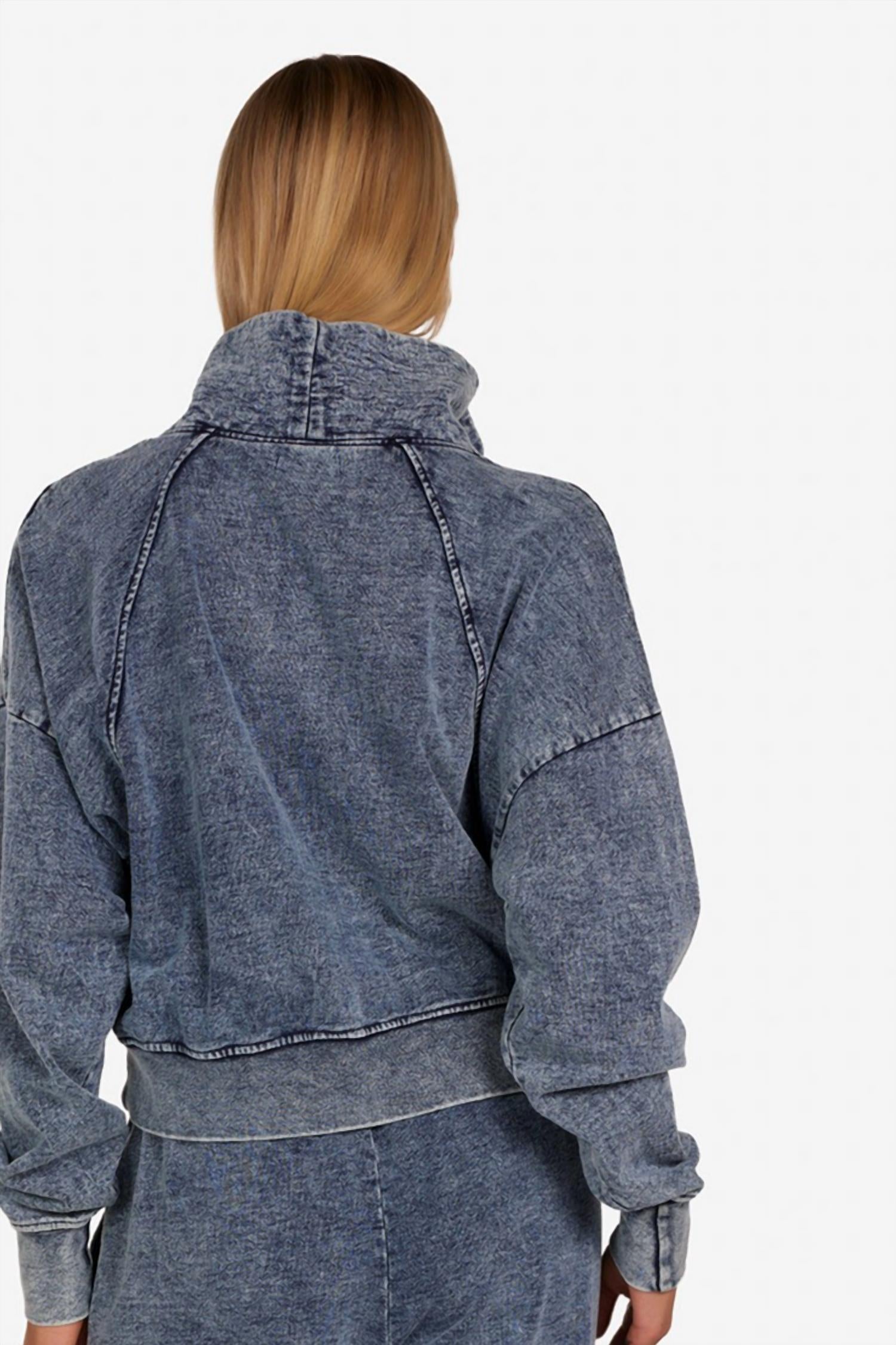 MICHAEL LAUREN Mortimer Raglan Half Zip Sweatshirt in faded denim - women's top - detail view
