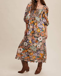 Listicle - Floral Smocked Puff Sleeve Maxi Dress