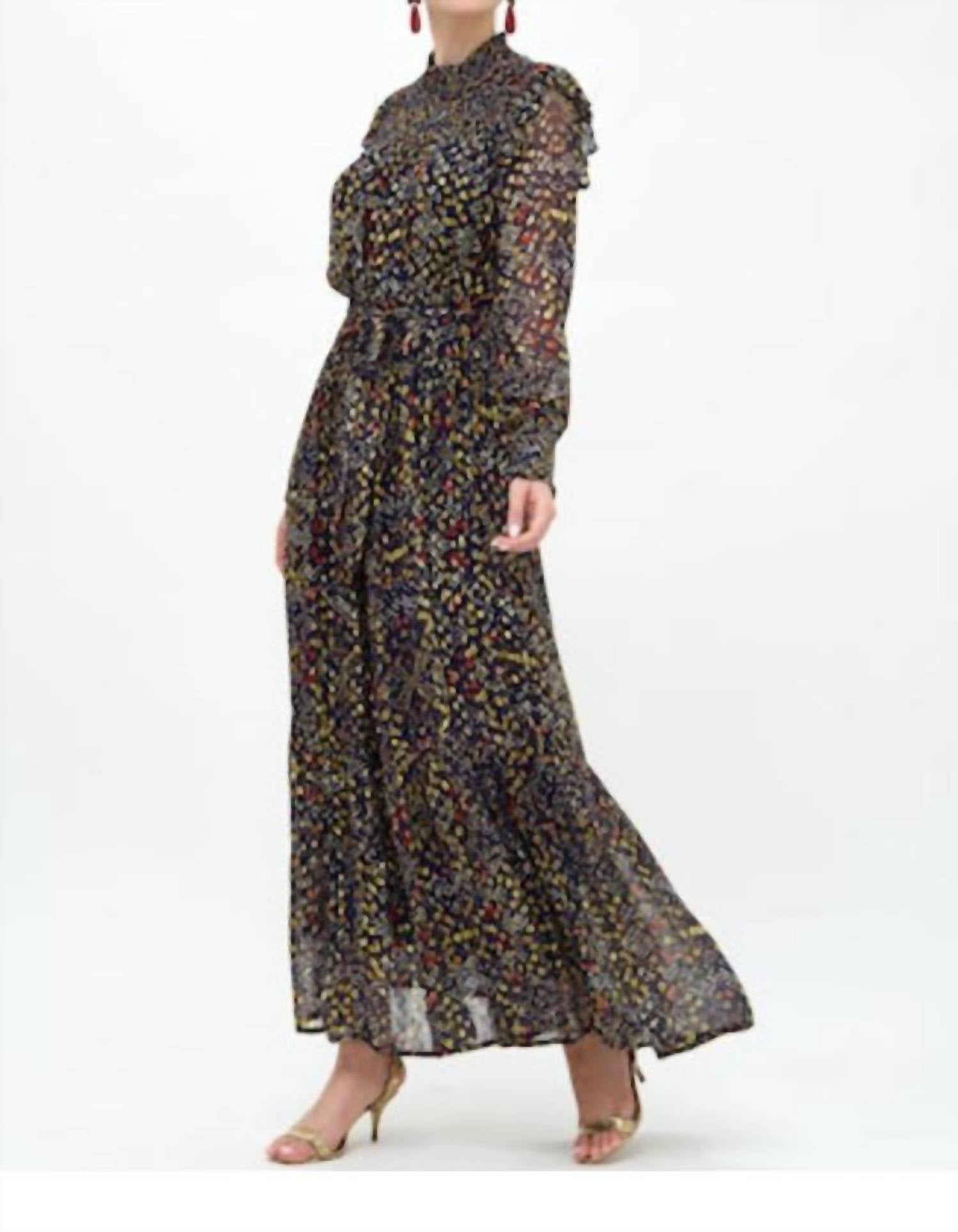 Oliphant Mini Dot Smocked Neck Maxi Dress in indigo gold - women's dress - alternate view