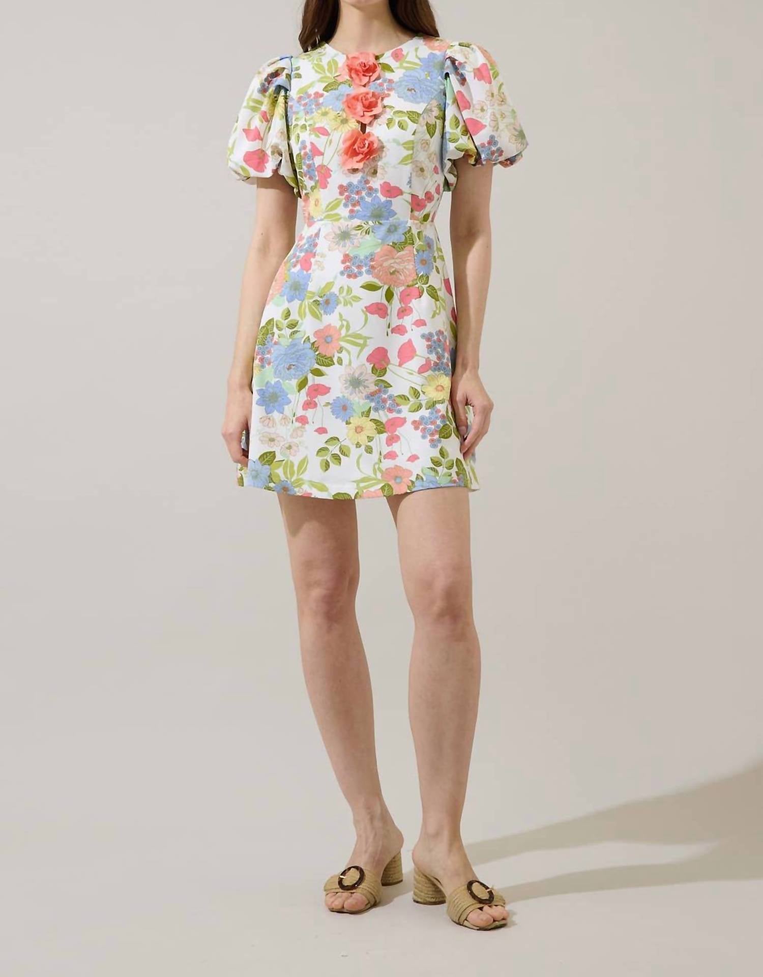 SUGARLIPS Esther Floral Rosette Bubble Sleeve Mini Dress in cream multi - women's dress - detail view