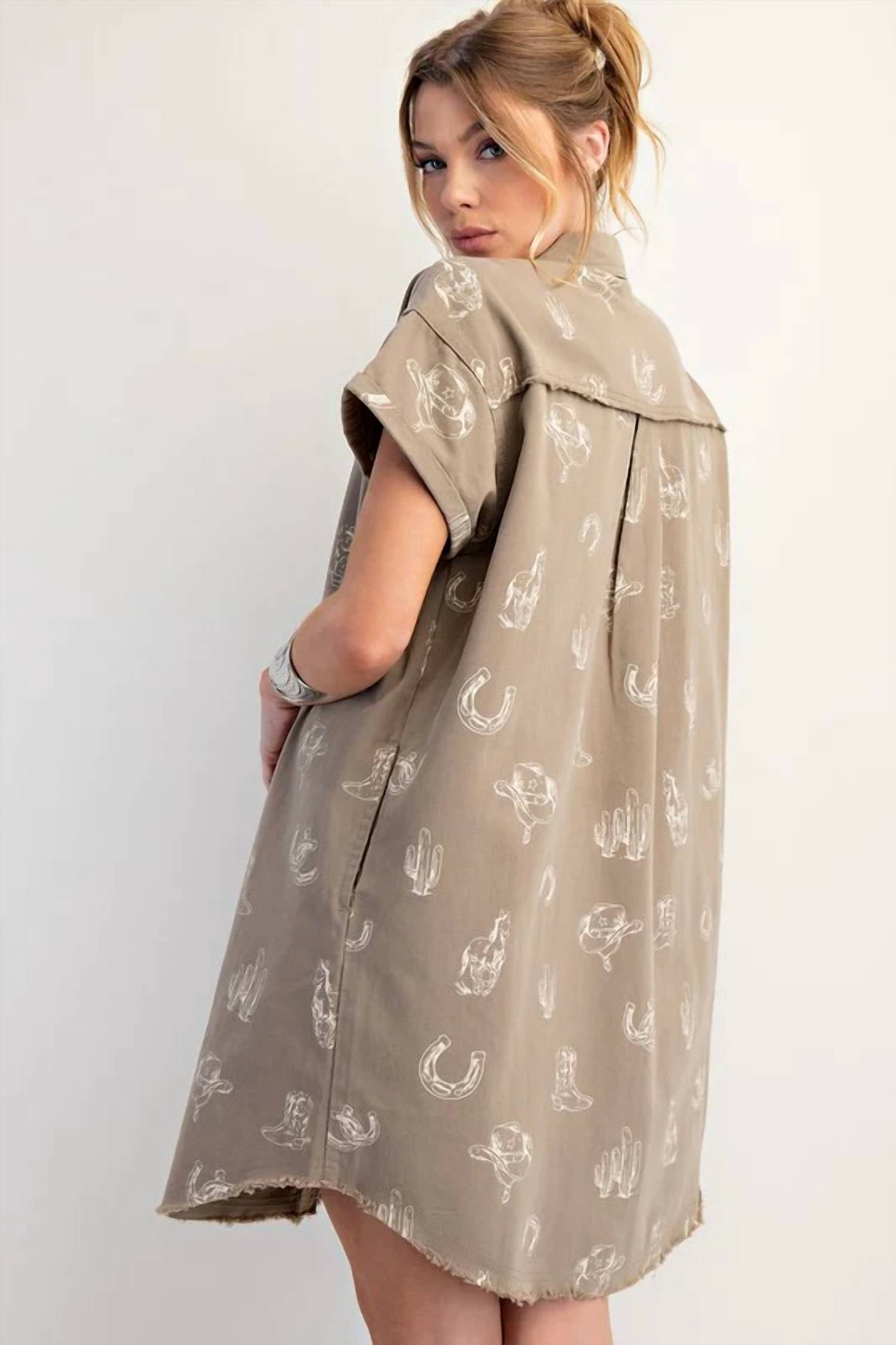 Easel - Western Printed Washed Twill Shirt Dress