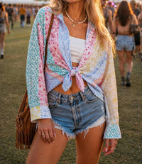 Easel - Patchwork Chiffon Button Down Shirt