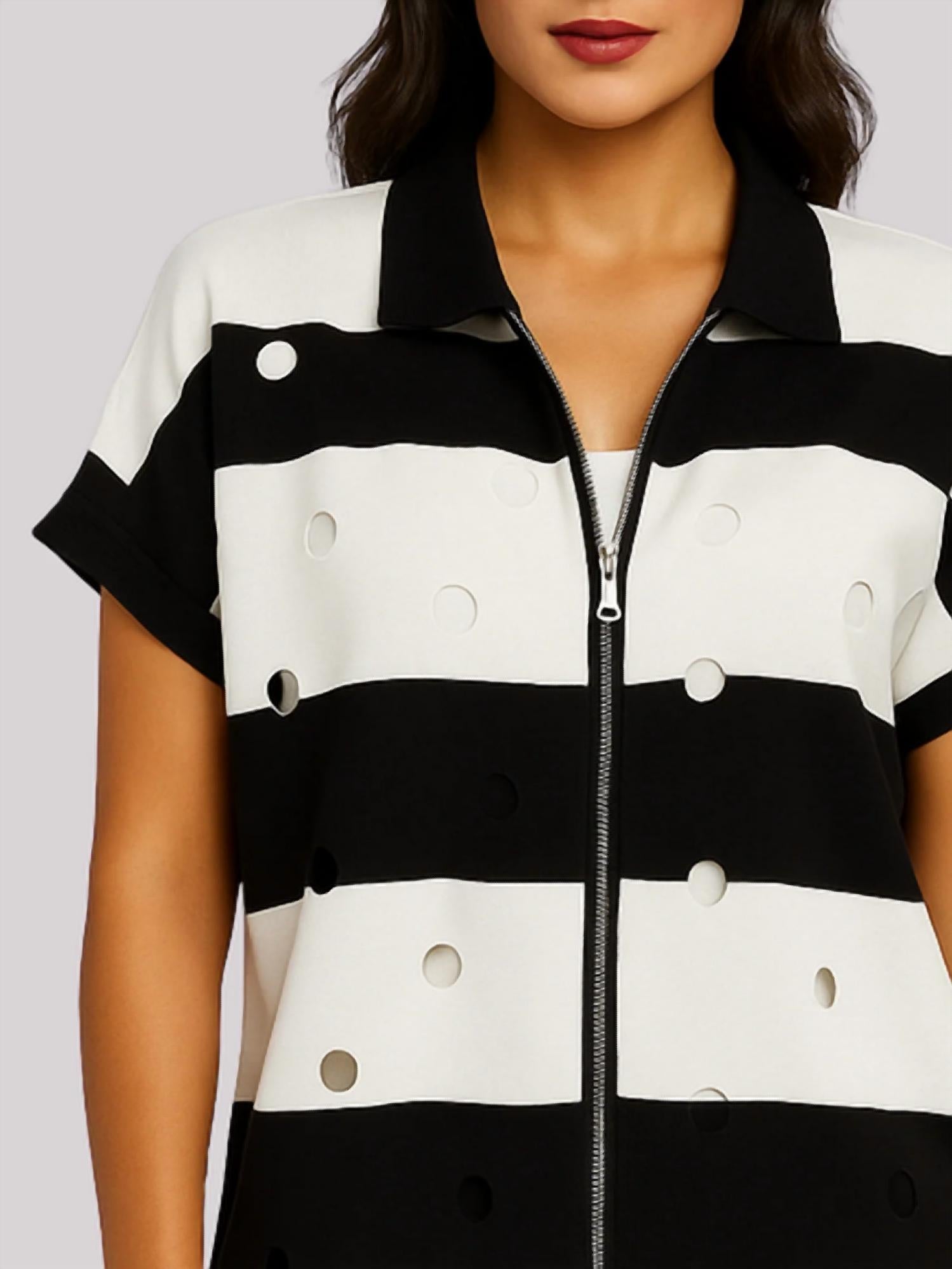 Angel Apparel - Stripe & Cut Out Knit Zip Up Top