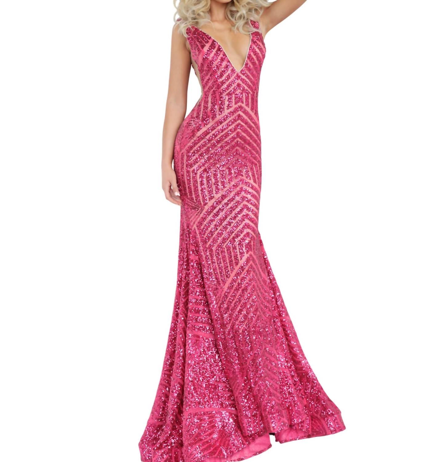 Jovani - Low V Neck Sequin Sheath Dress