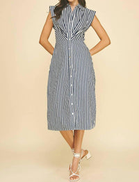 PINCH Women's Striped Button Down Midi Dress in navy white - women's dress - alternate view
