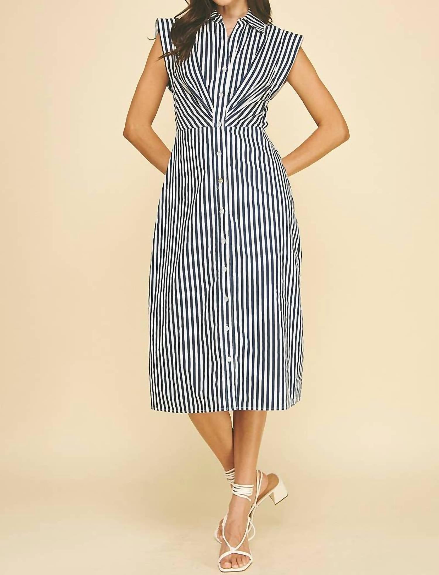 PINCH Women's Striped Button Down Midi Dress in navy white - women's dress - alternate view