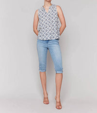 CHARLIE B Printed Sleeveless Blouse With Ruffle Collar in ornament - women's blouse - view 4