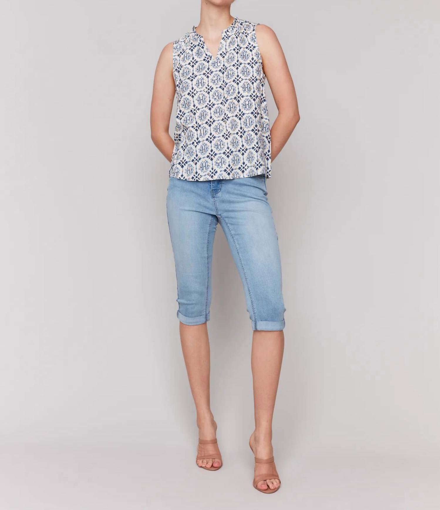 CHARLIE B Printed Sleeveless Blouse With Ruffle Collar in ornament - women's blouse - view 4