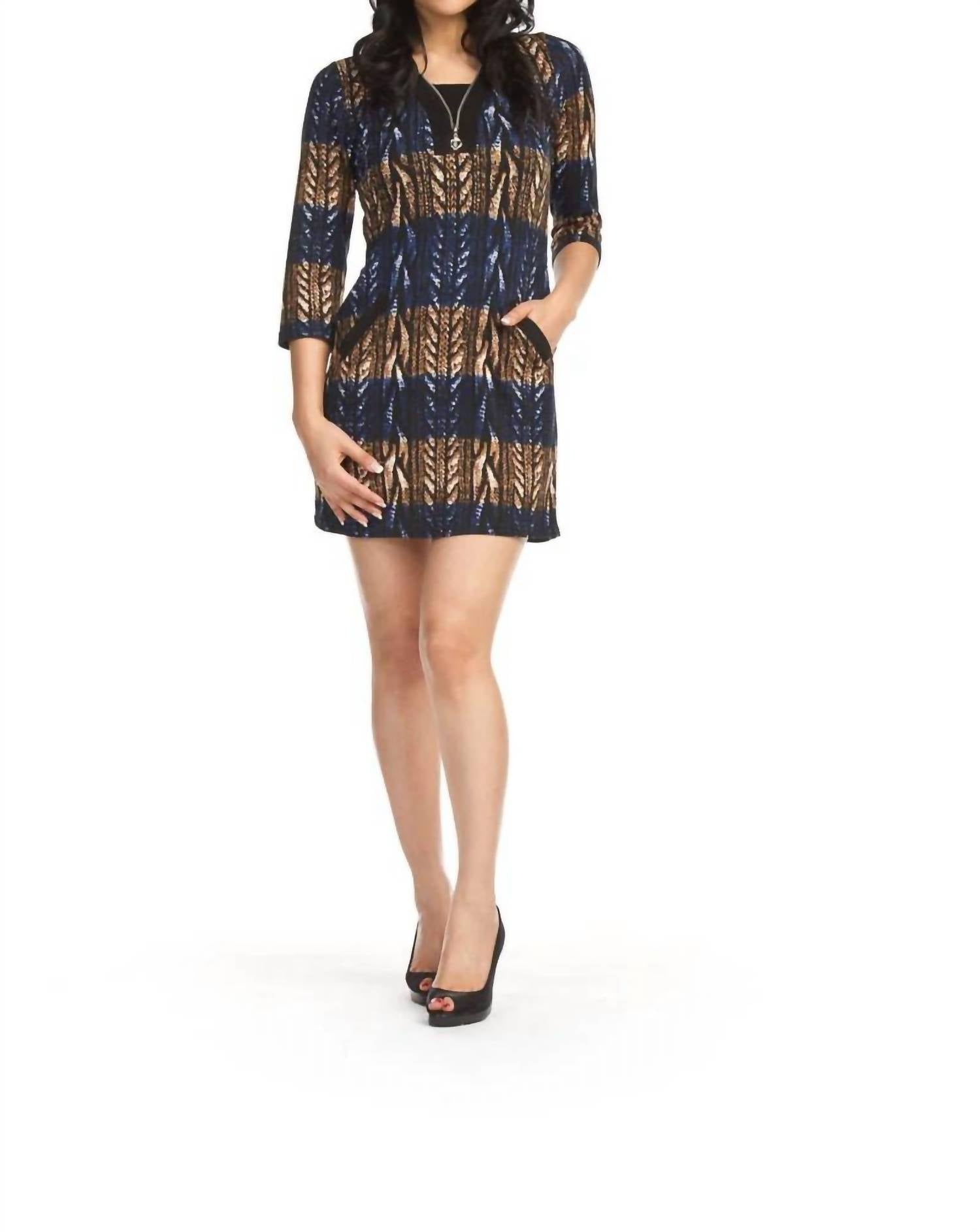Papillon - Cable Print Zipper Qaurter Sleeve Dress