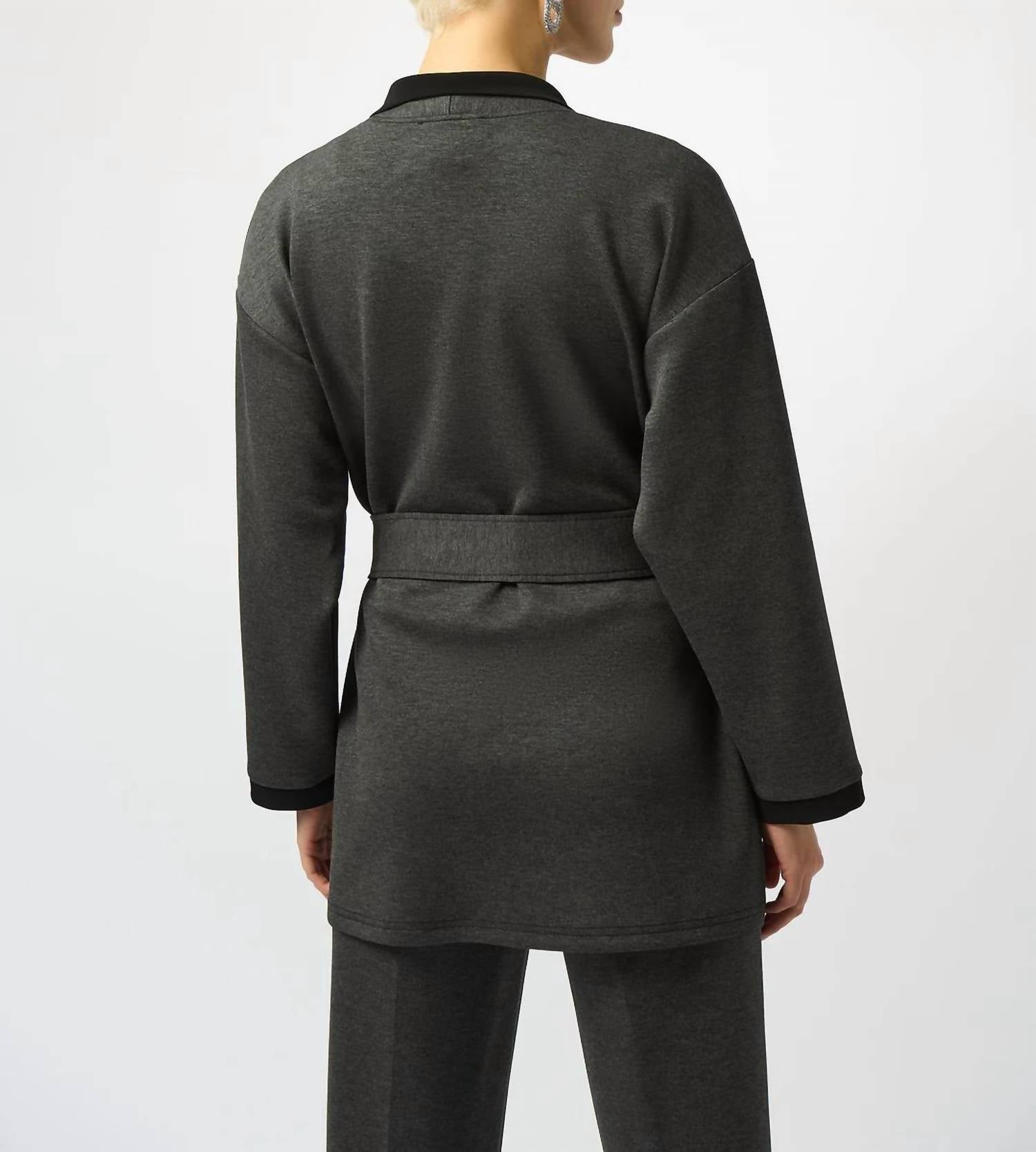 Joseph Ribkoff Belted Wrap Kimono Coat in grey melange black - women's jacket - detail view