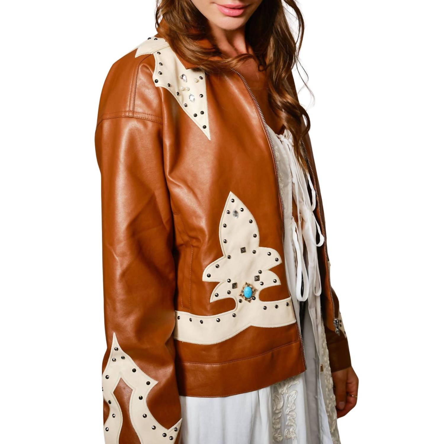 Blue B - Faux Leather Studded Oversized Zip-up Jacket