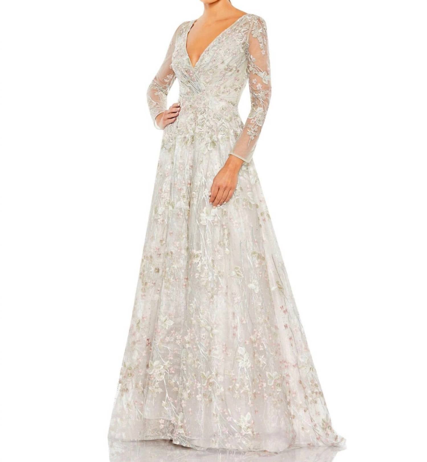 MAC DUGGAL Embroidered Beaded Mesh Gown in pastel multi - women's dress