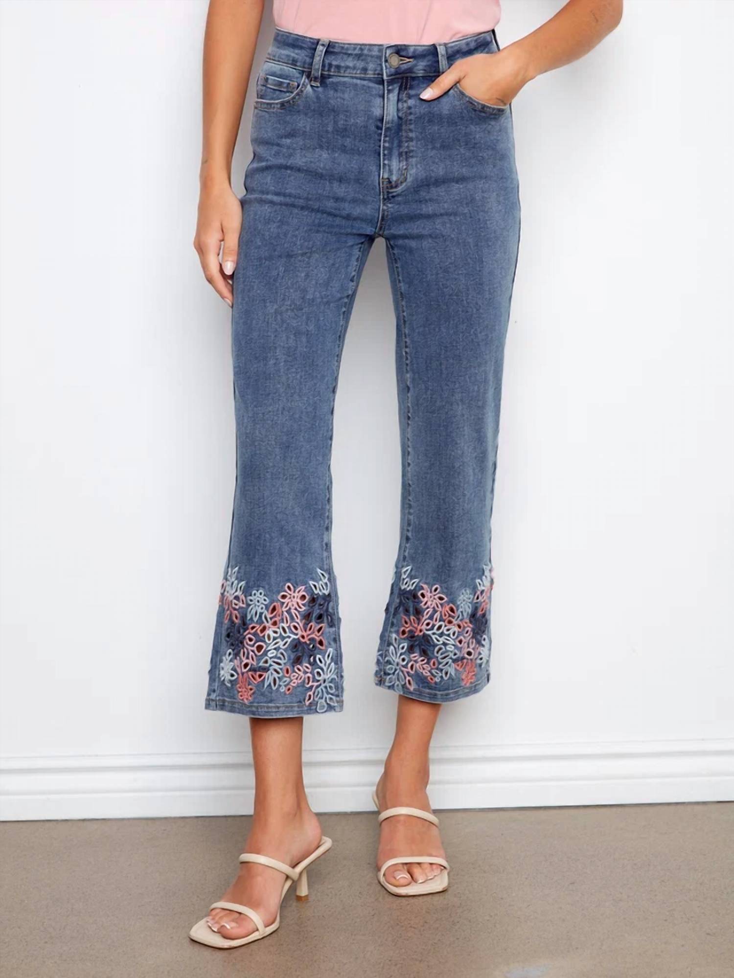 Charlie B - Stretch Denim Flare Leg Pants with Eyelet Embroidery