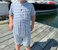 ME & HENRY Boy's Henley Striped Romper in blue white - kids' item - detail view
