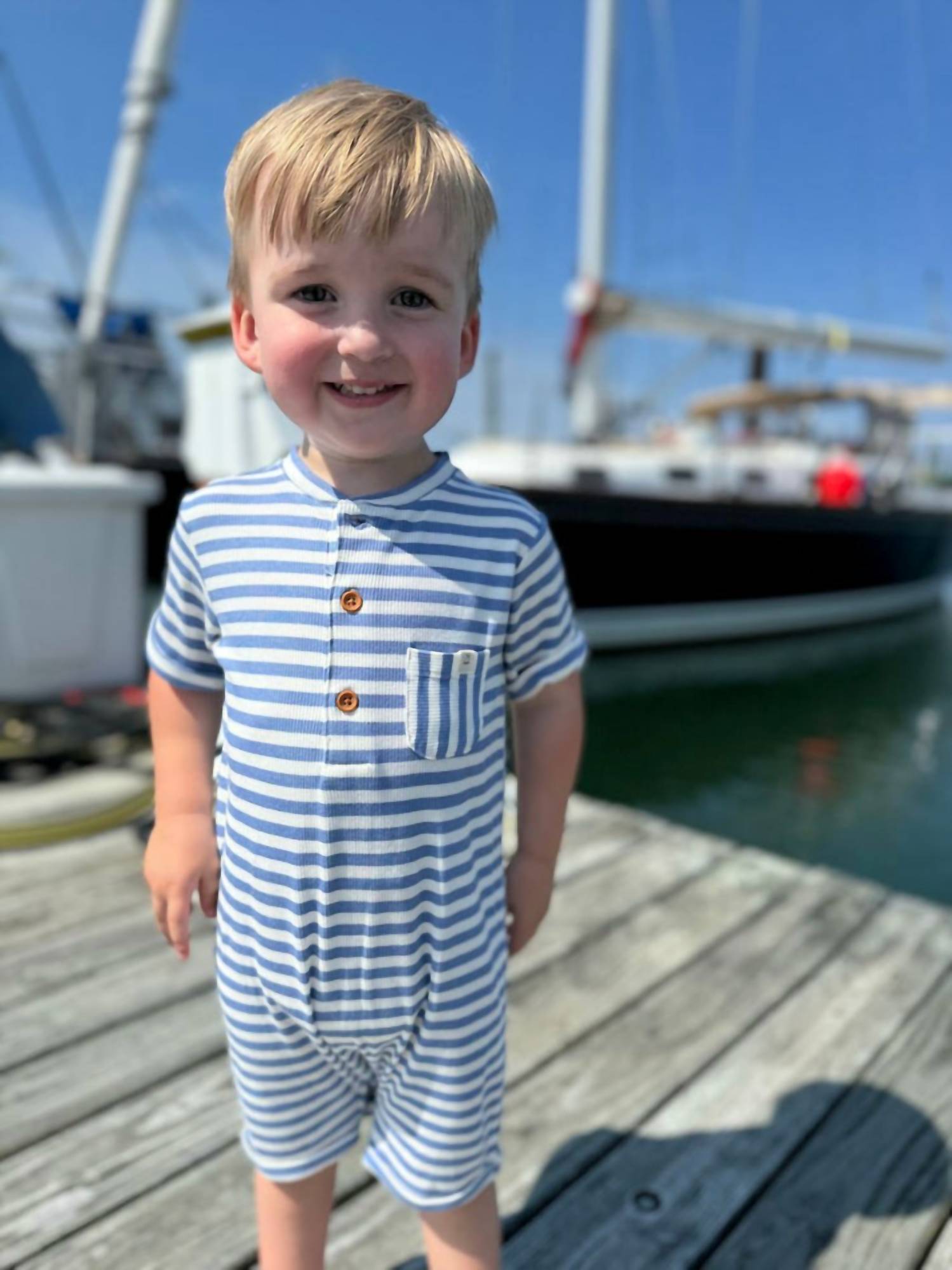 ME & HENRY Boy's Henley Striped Romper in blue white - kids' item - alternate view
