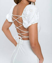 Short Sleeve Lace Up Eyelet Mini Dress