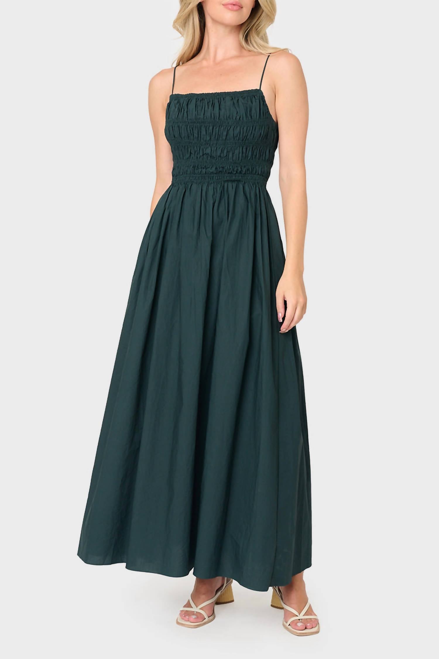 Moon River - Sleeveless Square Neck Shirred Tie Back Midi Dress