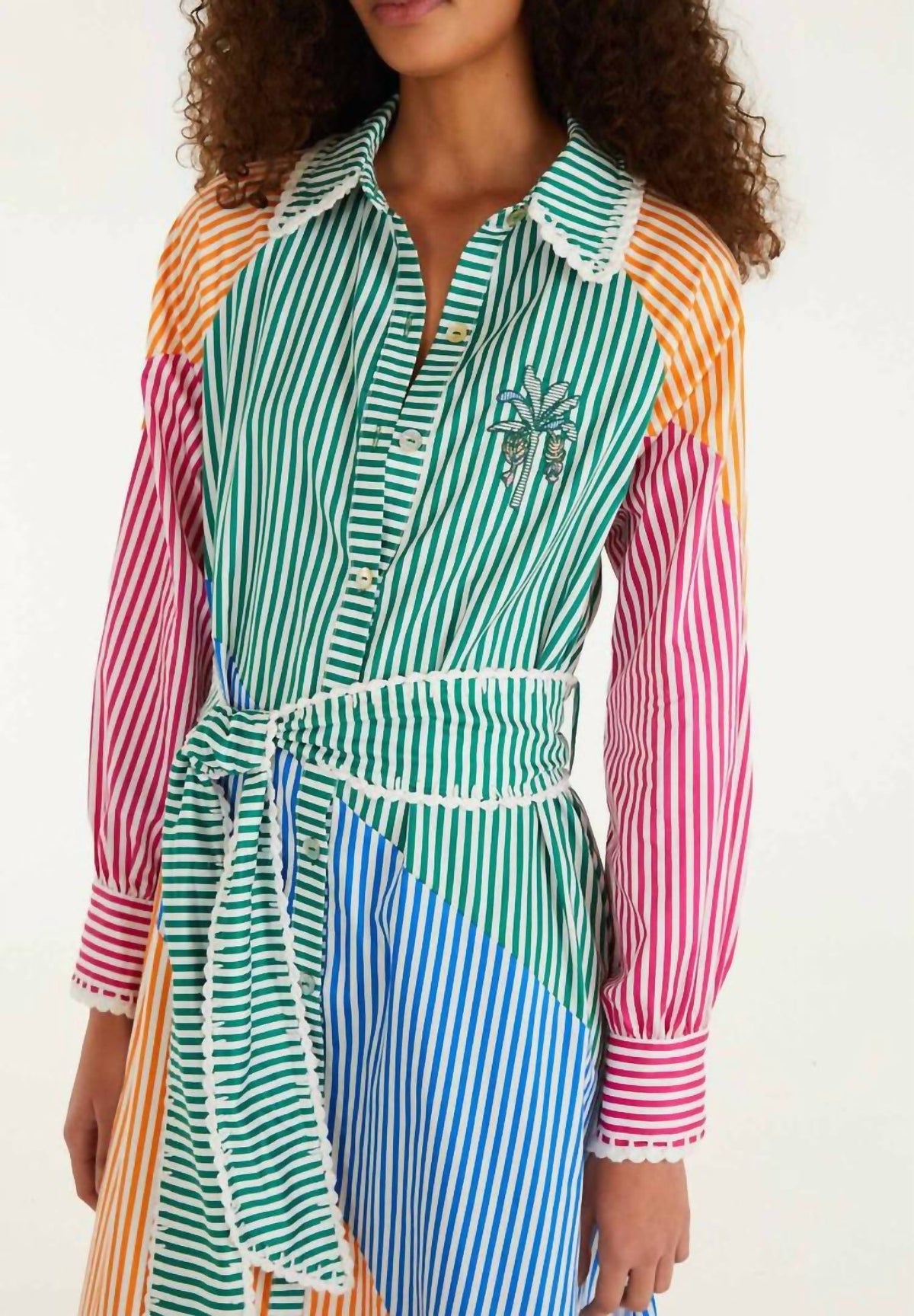 Farm Rio - CUTWORK STRIPES LONG SLEEVE CHEMISE DRESS