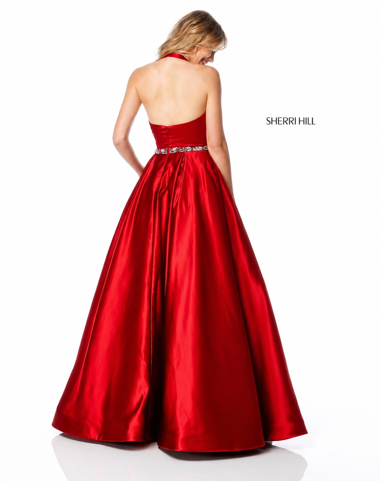 Sherri Hill Halter Beaded Waist Prom Dress in red - women's dress - detail view