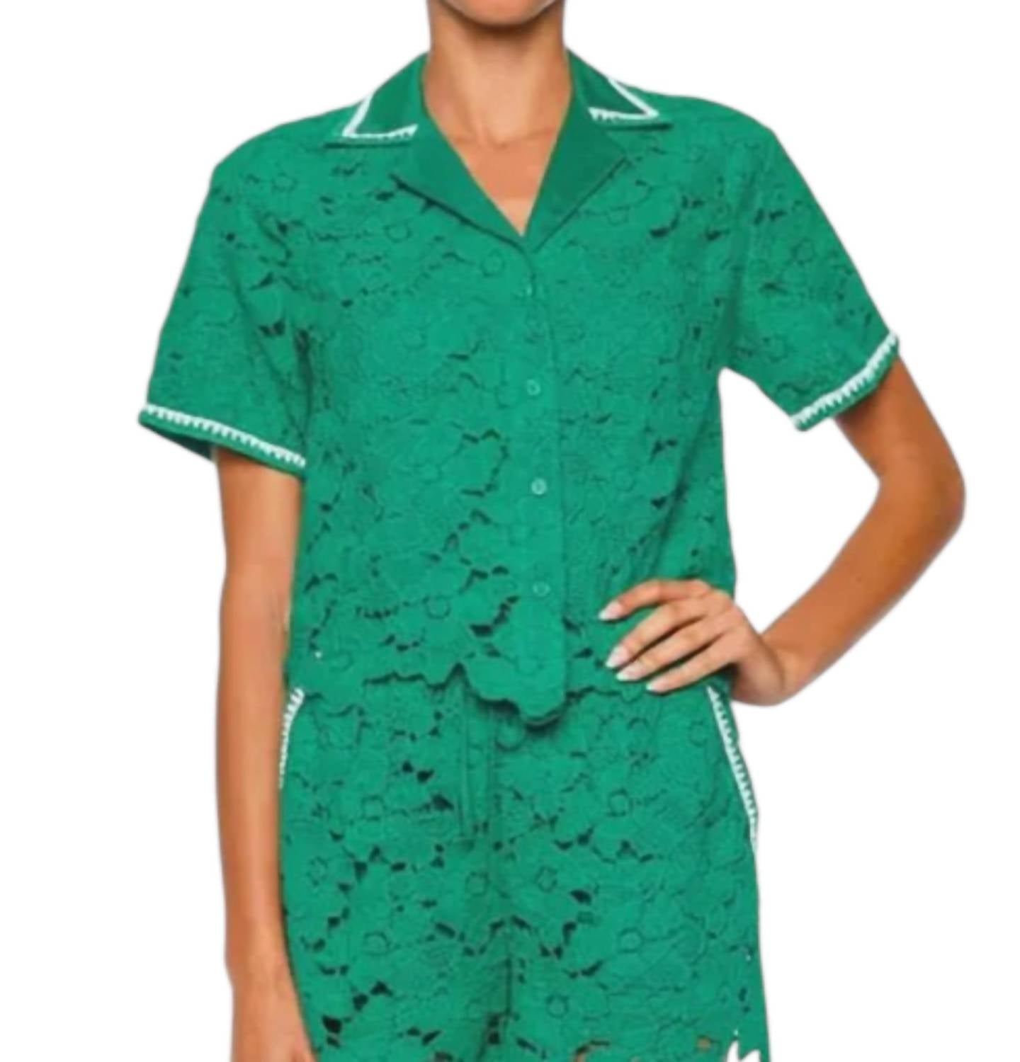 JONATHAN SIMKHAI GLENN LACE CAMP SHIRT in kelly green - women's shirt