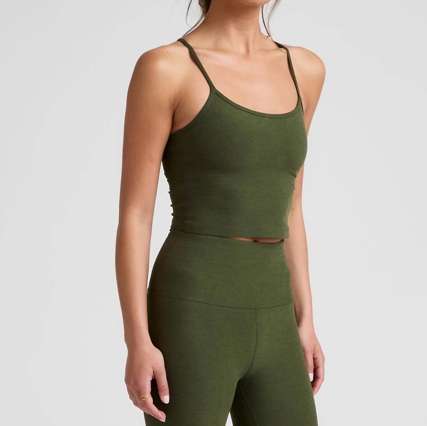 BEYOND YOGA Spacedye Slim Racerback Cropped Tank Top in army green heather - women's tank top