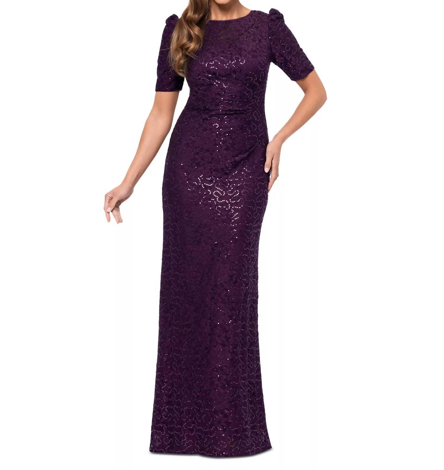 Xscape Sequined Lace Maxi Gown in purple - women's dress