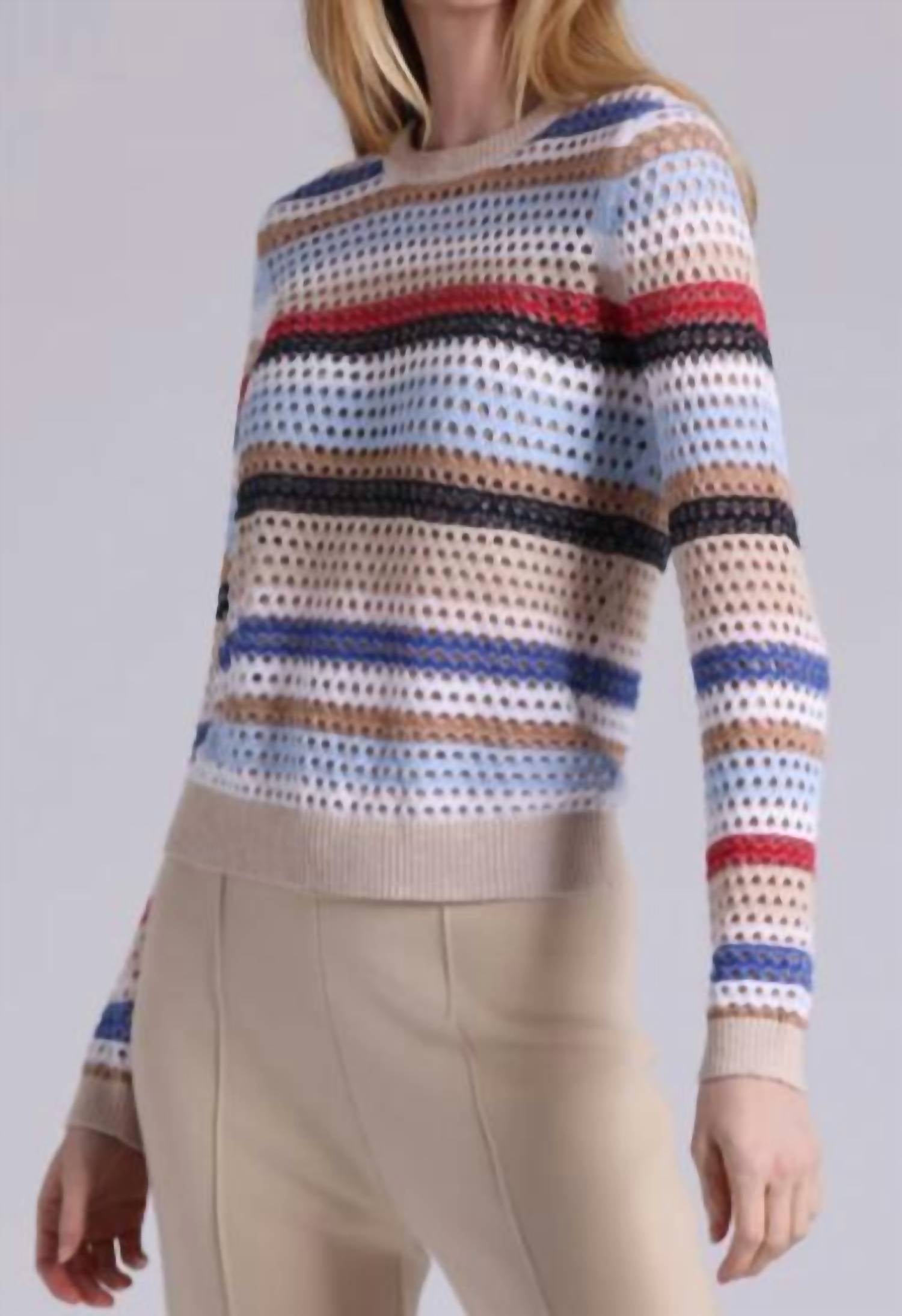 Minnie Rose - Plaited Mesh Stripe Long Sleeve Crew Top