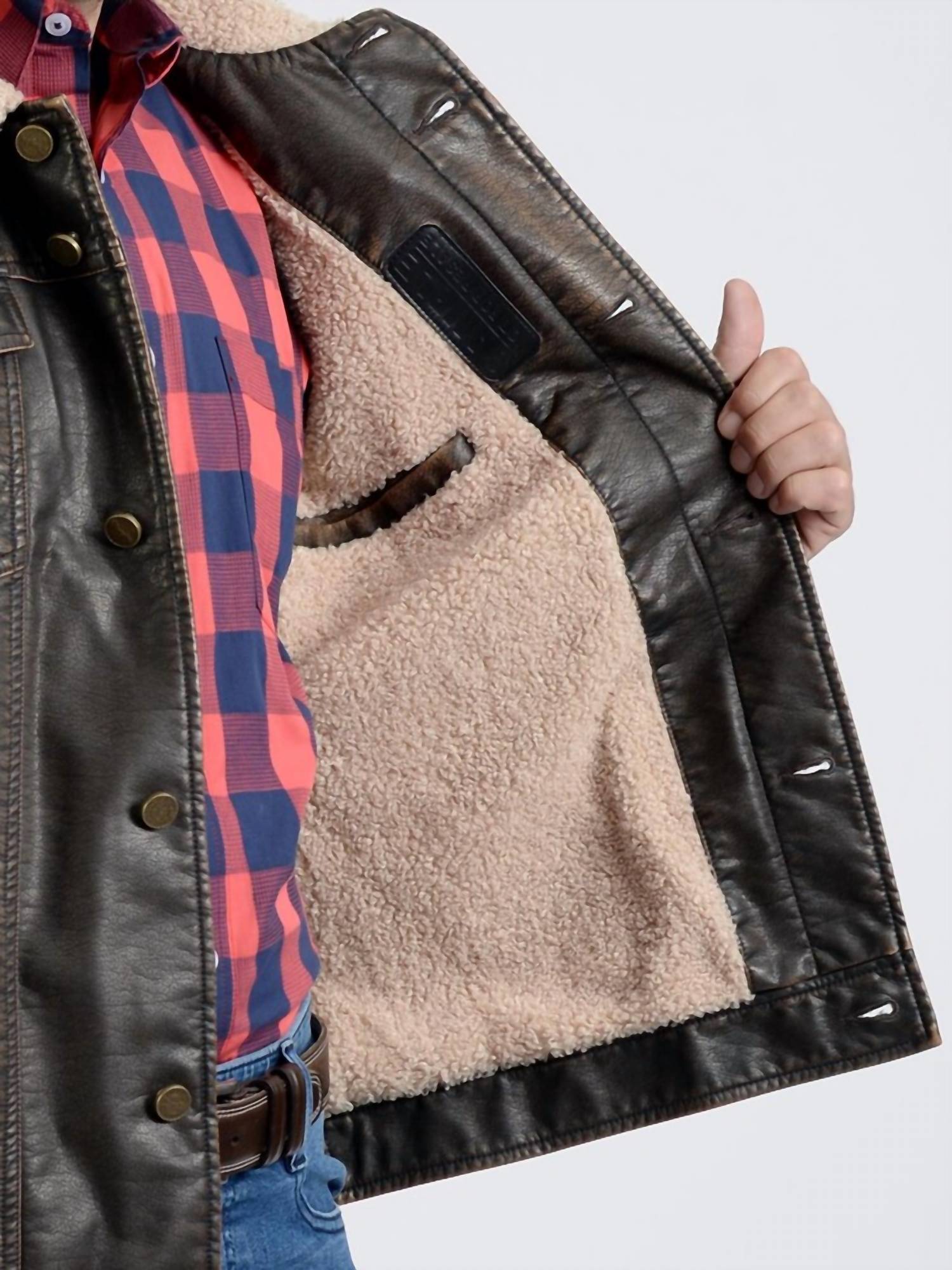 Wrangler - Faux Leather Chest Pockets Sherpa Jacket