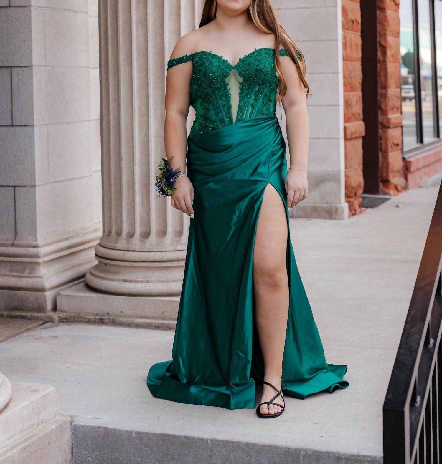 Sherri Hill Off The Shoulder Fitted Prom Dress in emerald - women's dress
