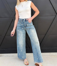 Miou Muse - Washed Denim Jeans With Bead Trim