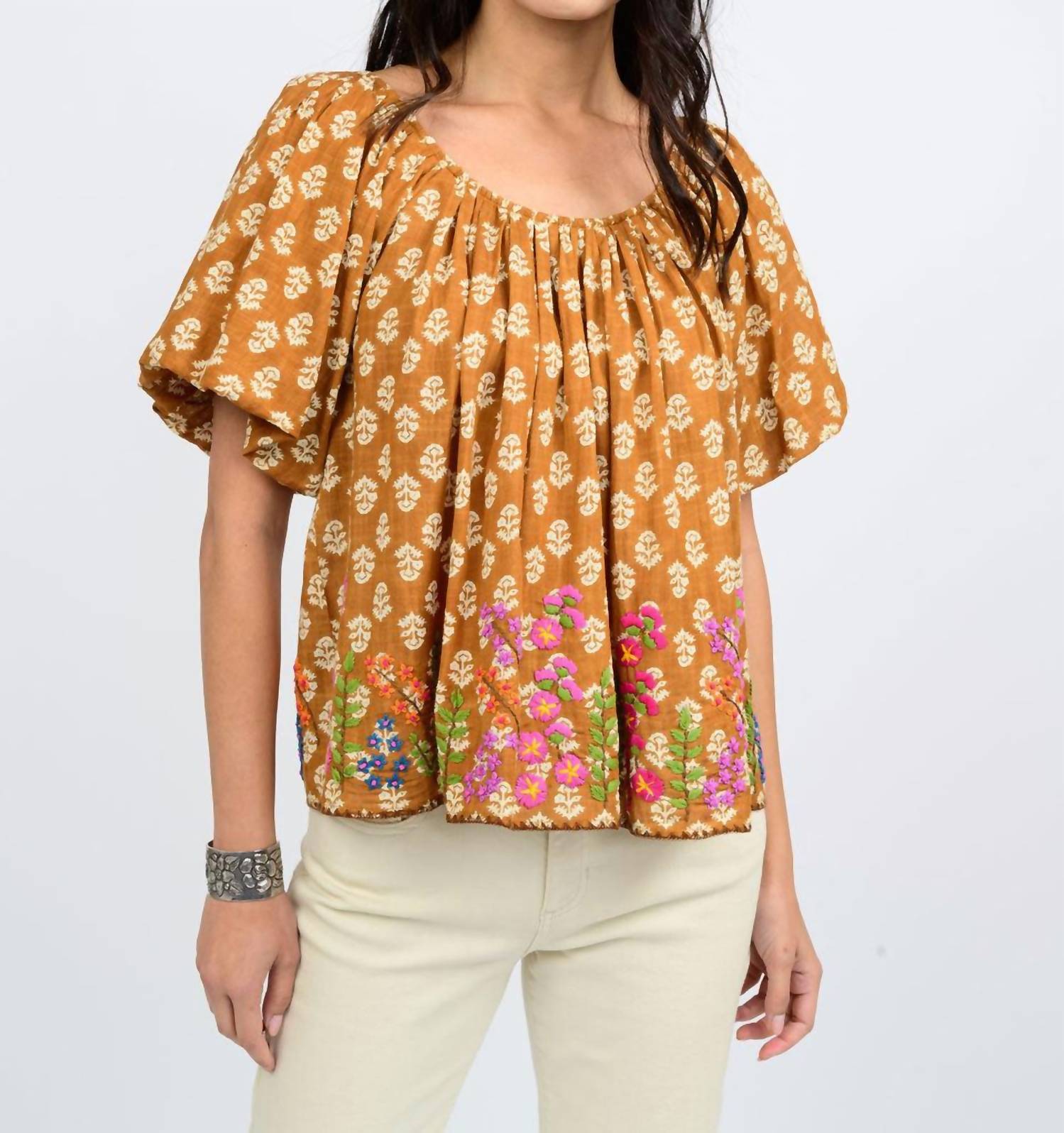 Ivy Jane Garden Of Flowers Top in rust - women's blouse - detail view
