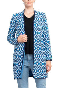 Kasper - Open Front Piping Detail Diamond Jacquard Cardigan