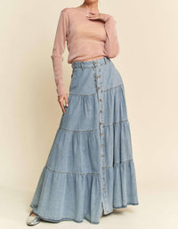 Davi & Dani - Button Front Ruffle Hem Maxi Skirt