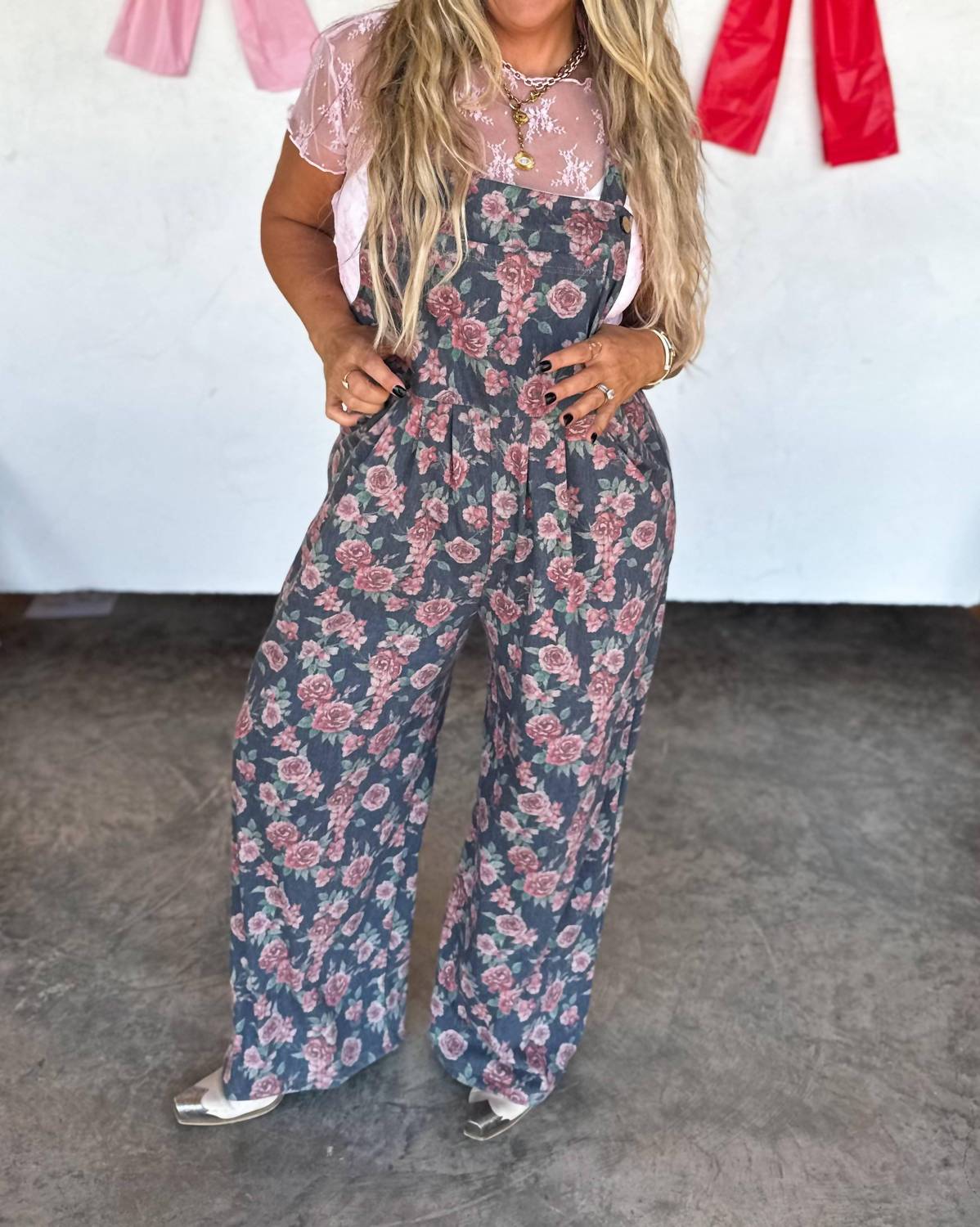 BLAKELEY Cassidy Denim Overalls in pink floral ditsy - women's pants - alternate view