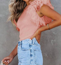 Lovesoft - Dotty Mesh Ruffle Sleeve Ribbed Knit Top