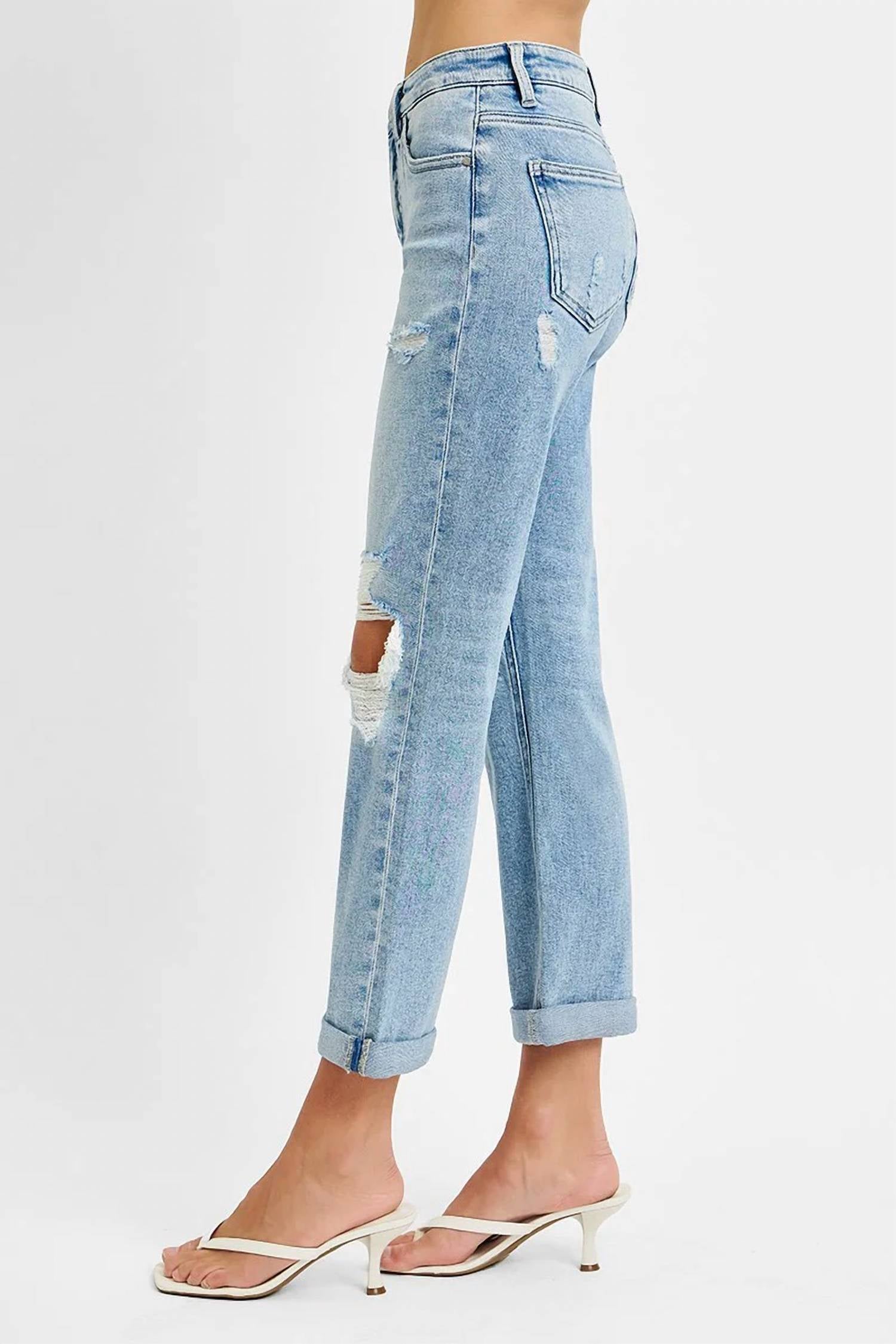 Risen - Tummy Control High Rise Straight Double Roll Up Jeans