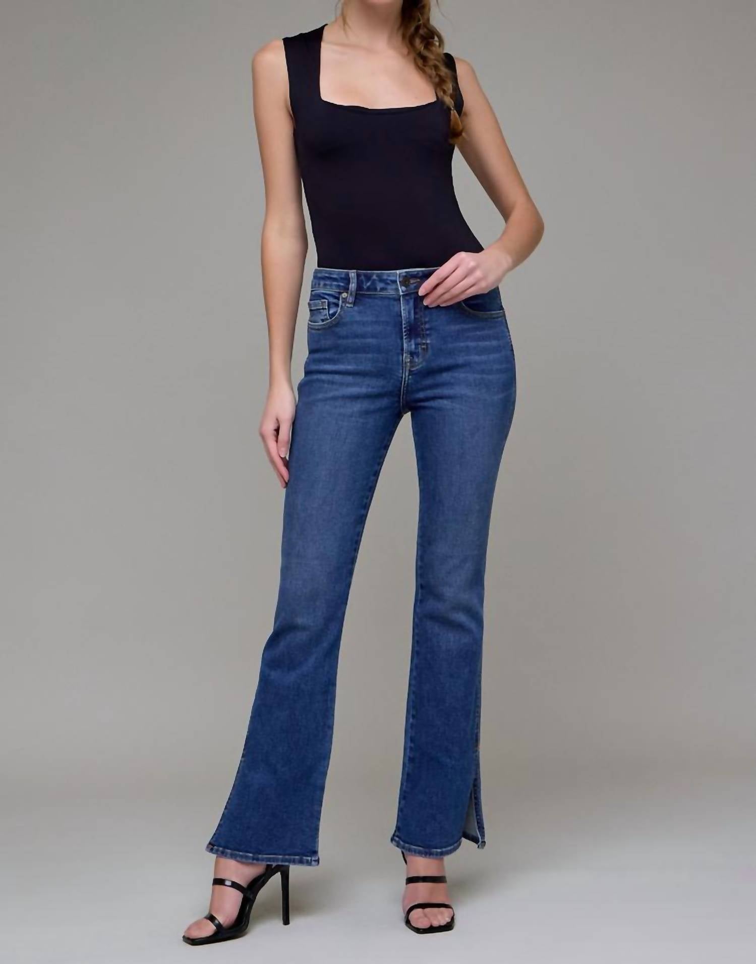 HIDDEN High Rise Clean Side Slit Bootcut Jeans in dark wash - women's jeans