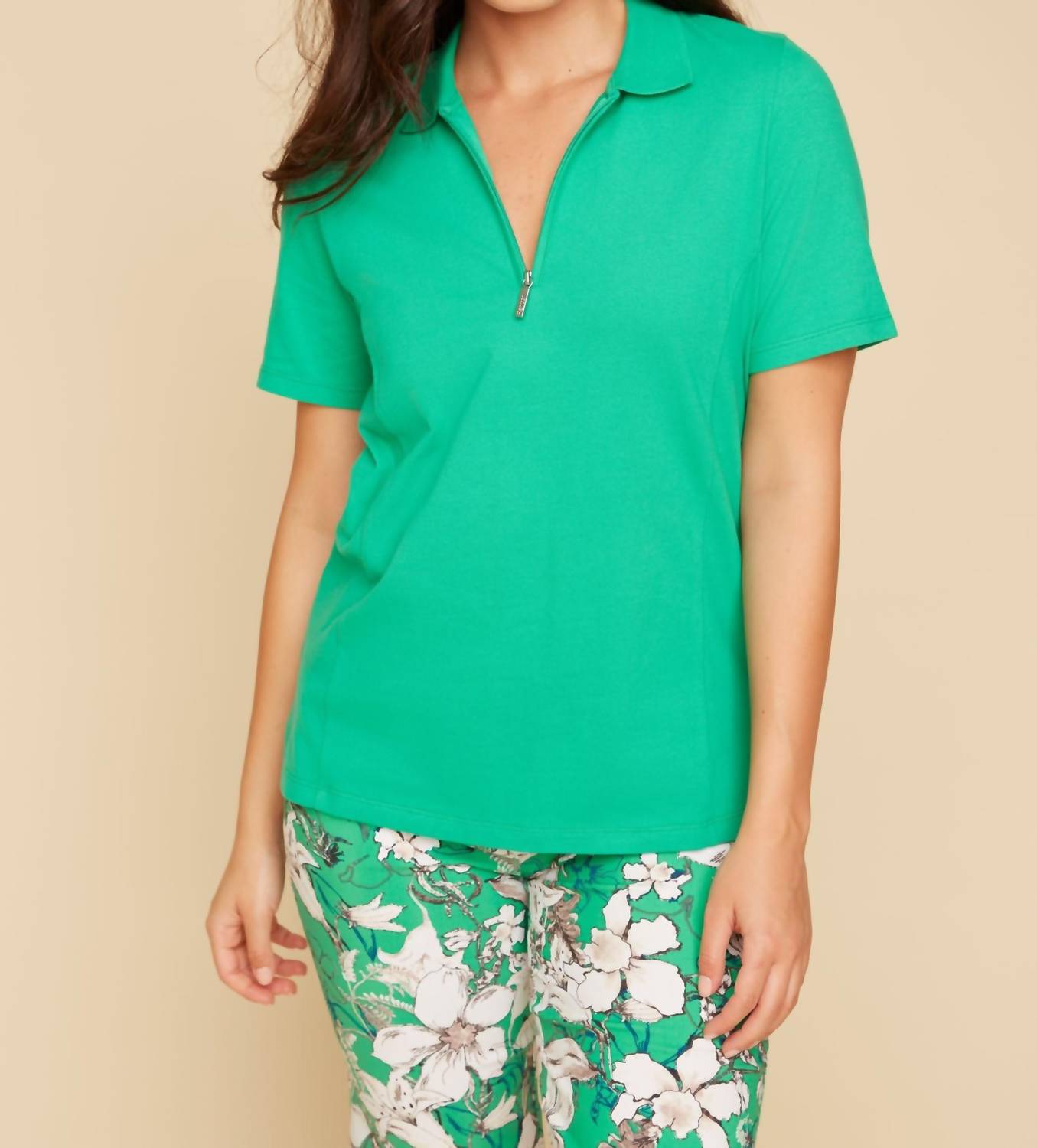 Renuar Everyday Essential Zip Polo Shirt in jade - women's t-shirt