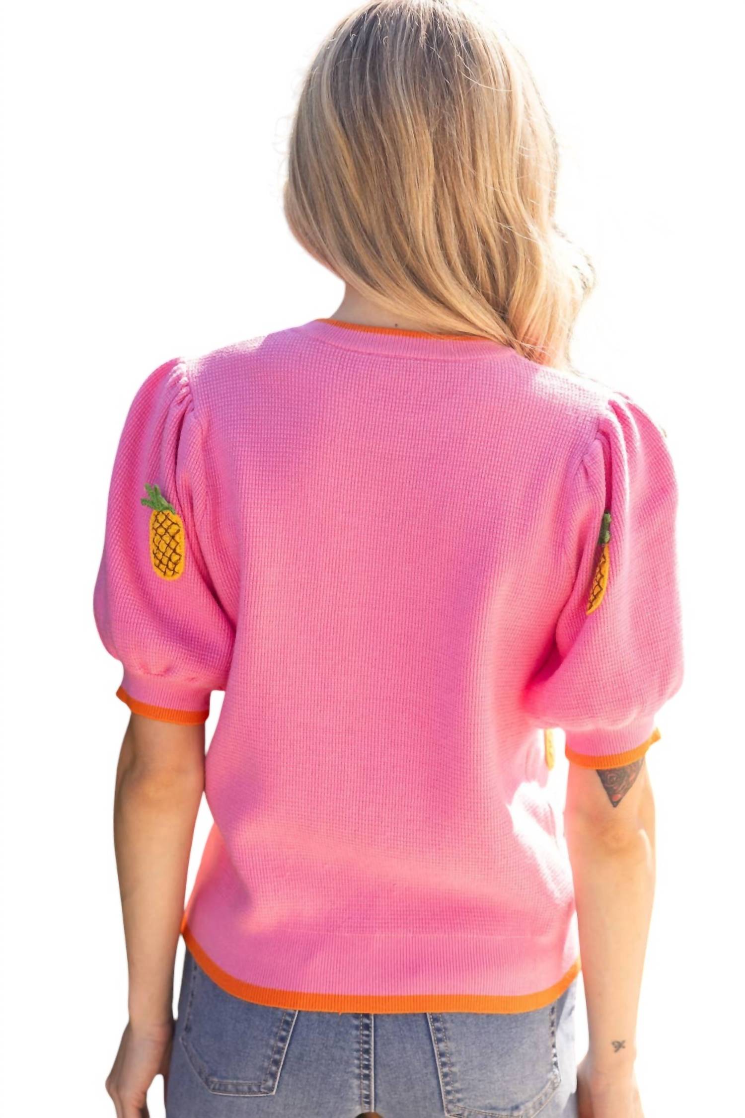 Voy - Sunny Pineapple Puff Sleeve Knit Top