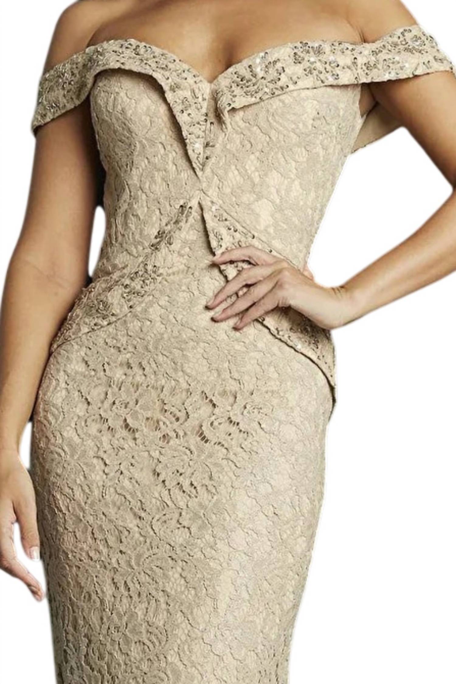 Jovani - Embellished Lace Off Shoulder Sheath Dress