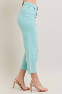 Judy Blue High Waist Garment Dyed Raw Hem Crop Jean in light blue sky - women's jeans - detail view