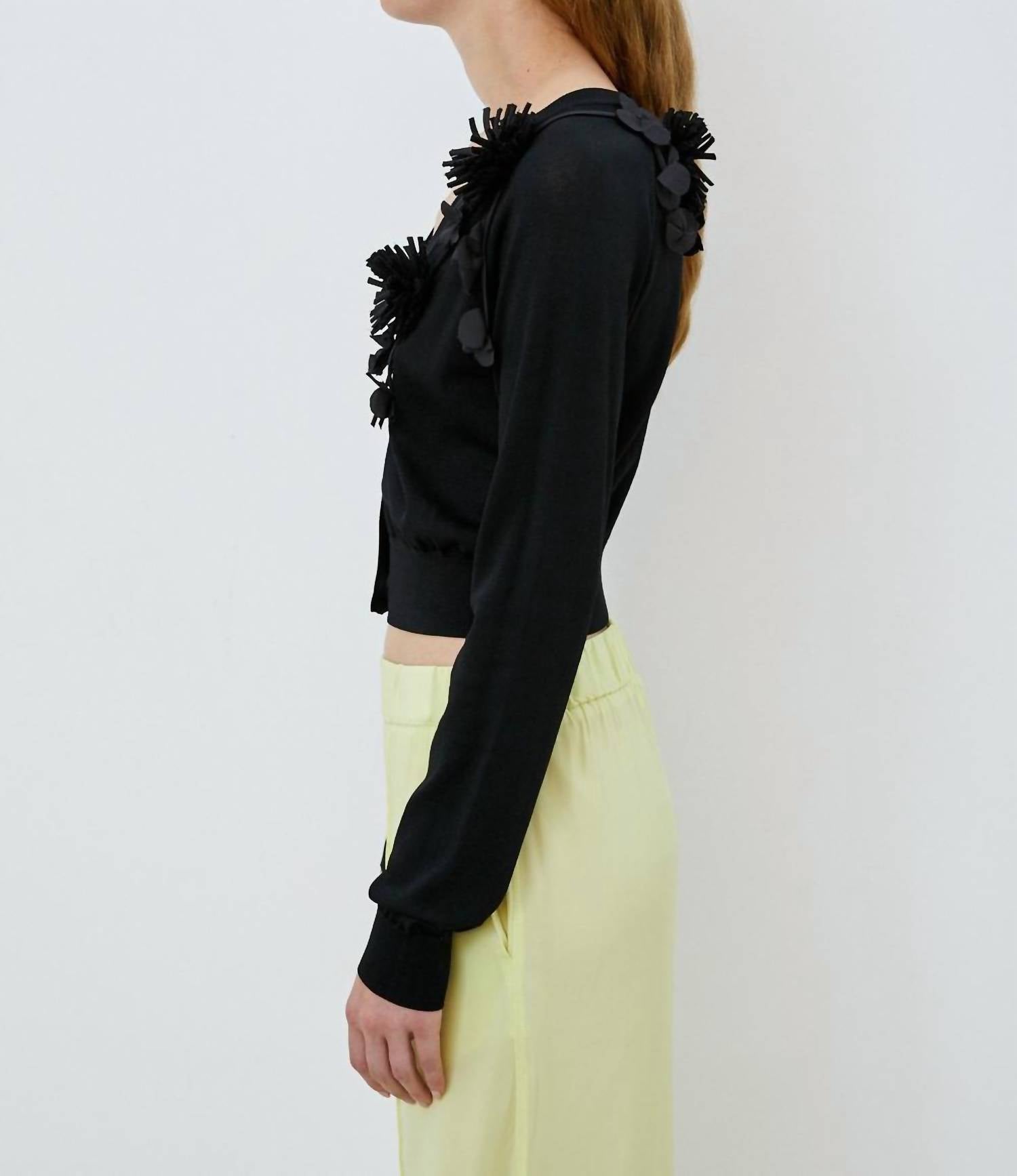 Meimeij - Short Length Cardigan With Fabric Flowers