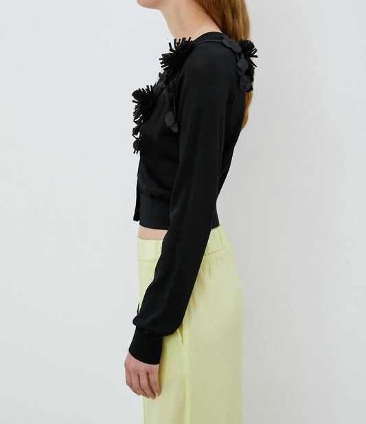 Meimeij - Short Length Cardigan With Fabric Flowers