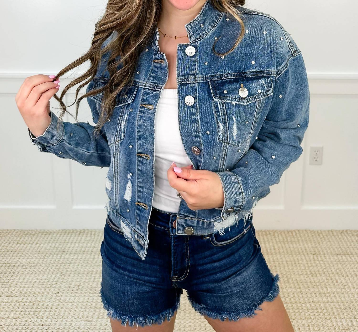 Vocal Apparel - Distressed Cotton Blend Long Sleeve Denim Jacket