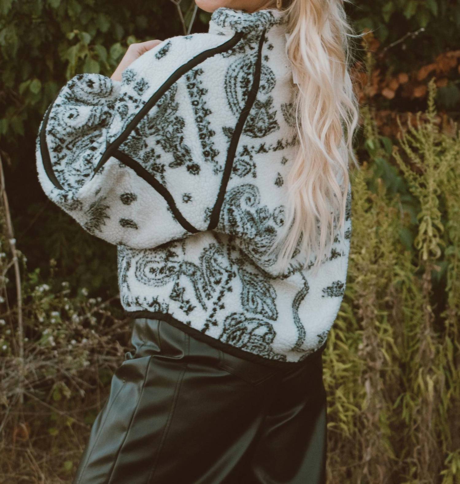 PROMESA Paisley Sherpa Long Sleeve Jacket in ink and ivory - women's jacket - alternate view