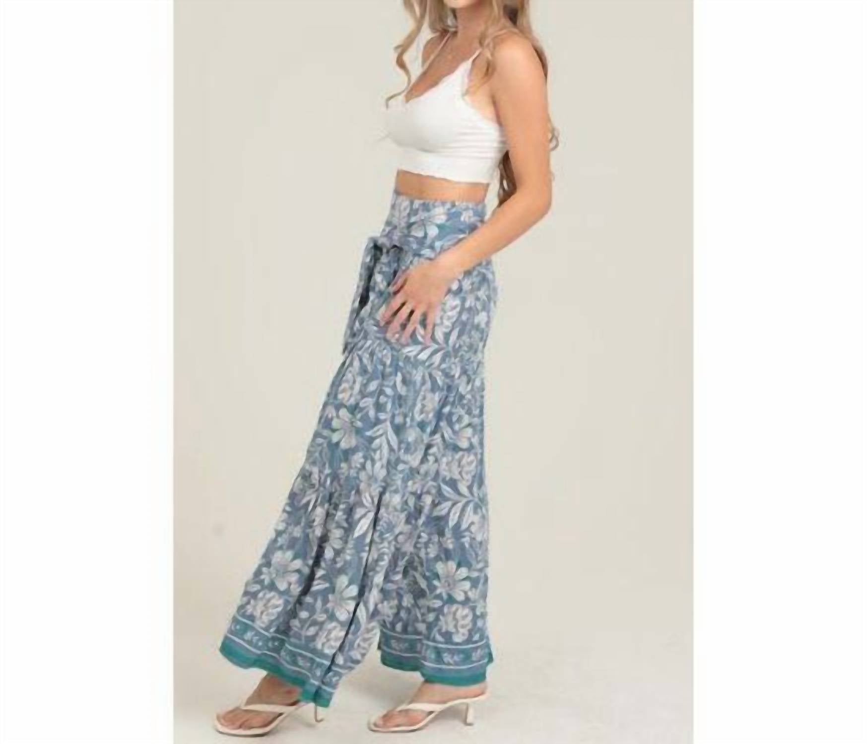 ANGIE Women's Floral Tie Waist Wide Leg Pants in blue - women's pants - view 4