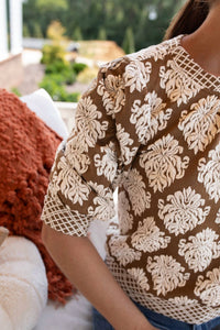 voy Printed to Perfection Knit Top in brown and cream print - women's blouse - detail view